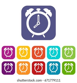 Alarm clock icons set vector illustration in flat style In colors red, blue, green and other