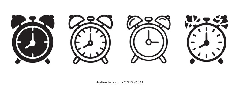 Alarm clock icons in various styles, including solid, outline, hand-drawn, and distressed. perfect for alerts and wake-up calls.