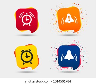 Alarm clock icons. Wake up bell signs symbols. Exclamation mark. Speech bubbles or chat symbols. Colored elements. Vector