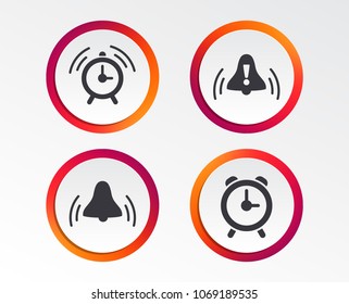 Alarm clock icons. Wake up bell signs symbols. Exclamation mark. Infographic design buttons. Circle templates. Vector
