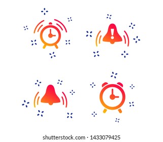 Alarm clock icons. Wake up bell signs symbols. Exclamation mark. Random dynamic shapes. Gradient alarm icon. Vector