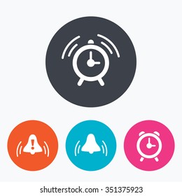 Alarm clock icons. Wake up bell signs symbols. Exclamation mark. Circle flat buttons with icon.