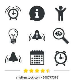 Alarm clock icons. Wake up bell signs symbols. Exclamation mark. Information, light bulb and calendar icons. Investigate magnifier. Vector