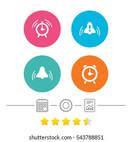 Alarm clock icons. Wake up bell signs symbols. Exclamation mark. Calendar, cogwheel and report linear icons. Star vote ranking. Vector