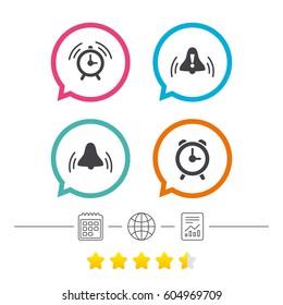 Alarm clock icons. Wake up bell signs symbols. Exclamation mark. Calendar, internet globe and report linear icons. Star vote ranking. Vector