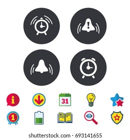 Alarm clock icons. Wake up bell signs symbols. Exclamation mark. Calendar, Information and Download signs. Stars, Award and Book icons. Light bulb, Shield and Search. Vector