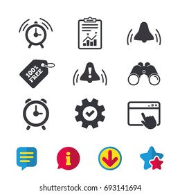 Alarm clock icons. Wake up bell signs symbols. Exclamation mark. Browser window, Report and Service signs. Binoculars, Information and Download icons. Stars and Chat. Vector