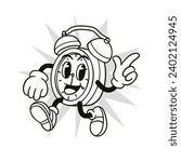 alarm clock illustration in black and white retro cartoon style