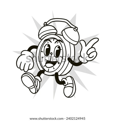 alarm clock illustration in black and white retro cartoon style