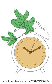 Alarm clock illustration. Watch with a round dial with green leaves.