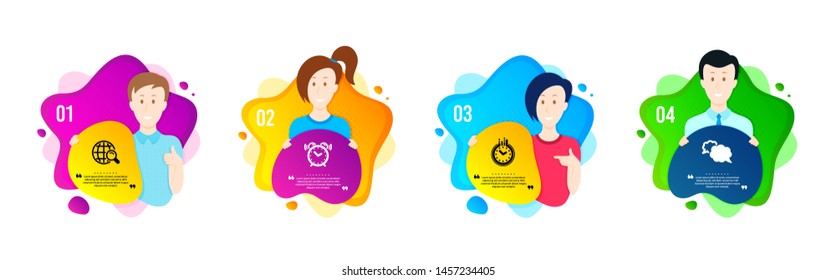 Alarm clock, Internet search and Time icons simple set. People shapes timeline. Messenger sign. Time, Web finder, Clock. Speech bubble. Education set. Dynamic shape offer. Vector