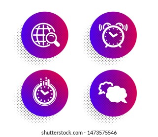 Alarm clock, Internet search and Time icons simple set. Halftone dots button. Messenger sign. Time, Web finder, Clock. Speech bubble. Education set. Classic flat alarm clock icon. Vector