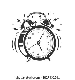 Alarm clock isolated on white background. Vector illustration. Black and white vector object.