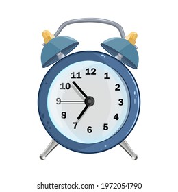 Alarm clock isolated on white background. Blue retro alarm clock in cartoon style. Clock with bell, wake up time. Good Morning symbol. Classic timer. Stock time vector illustration