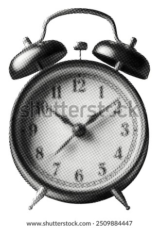 alarm clock isolated on white background classic analog two small bells with hammer retro halftone collage element for time management wake-up deadline project mixed media design