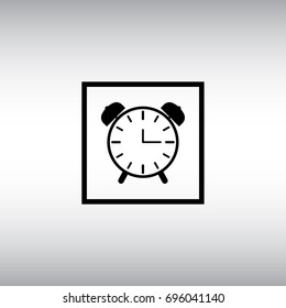 Alarm clock isolated vector sign. Alarm clock flat vector icon. Square button with alarm clock.
