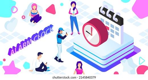 Icono de diseño isométrico del reloj de alarma. Ilustración web de vectores. 3.ª colorida concepción