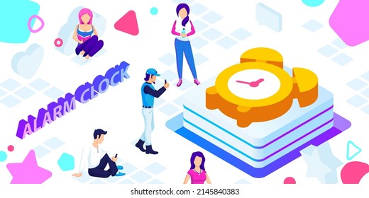 Alarm clock isometric design icon. Vector web illustration. 3d colorful concept