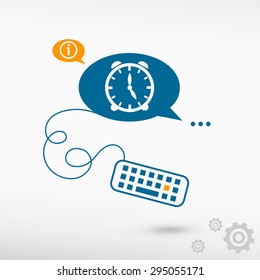 Alarm clock and keyboard on chat speech bubbles. Line icons for application and creative process