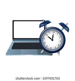 alarm clock and laptop computer over white background, colorful design, vector illustration