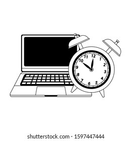 alarm clock and laptop computer over white background, flat design, vector illustration