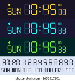 Alarm clock lcd display font. Electronic clocks numbers, digital screen hours and minutes. Retro display text vector set. Glowing time interface with digits