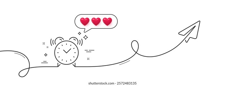 Alarm clock line icon. Continuous line with share plane. Time or watch sign. Hearts rate review in speech bubble. Alarm clock single line ribbon. Loop curve pattern. Vector