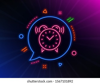 Alarm clock line icon. Neon laser lights. Time or watch sign. Glow laser speech bubble. Neon lights chat bubble. Banner badge with alarm clock icon. Vector
