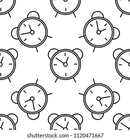 Alarm clock line icon seamless pattern on white background. Wake up, get up concept. Time sign. Flat design. Vector Illustration
