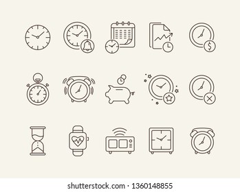 Alarm clock line icon set. Watch, timer, piggy bank. Time concept. Can be used for topics like time management, deadline, time is money