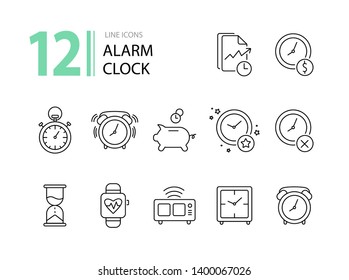 Alarm clock line icon set. Watch, timer, piggy bank. Time concept. Can be used for topics like time management, deadline, time is money