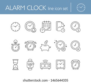 Alarm clock line icon set. Watch, timer, piggy bank. Time concept. Can be used for topics like time management, deadline, time is money