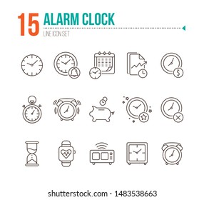 Alarm clock line icon set. Watch, timer, piggy bank. Time concept. Can be used for topics like time management, deadline, time is money