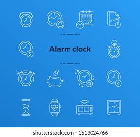 Alarm clock line icon set. Watch, timer, piggy bank. Time concept. Can be used for topics like time management, deadline, time is money