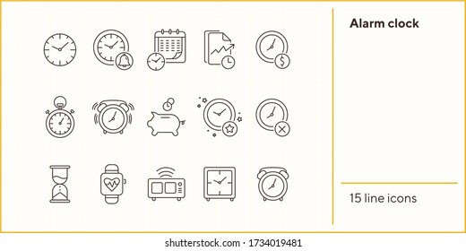 Alarm clock line icon set. Watch, timer, piggy bank. Time concept. Can be used for topics like time management, deadline, time is money