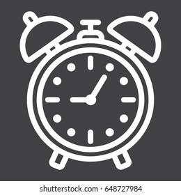 Alarm clock line icon, time and deadline, vector graphics, a linear pattern on a black background, eps 10.