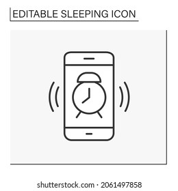 Alarm clock line icon. Waking up. Alarm clock on mobile phone. Sleeping concept. Isolated vector illustration. Editable stroke