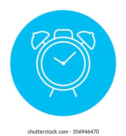 Alarm clock line icon for web, mobile and infographics. Vector white icon on the light blue circle isolated on white background.