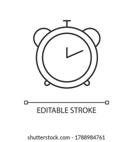 Alarm clock linear icon. Retro mechanical watch. Countdown to deadline. Office clock. Thin line customizable illustration. Contour symbol. Vector isolated outline drawing. Editable stroke