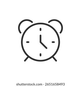 Relógio despertador, ícone linear. Ativação, alerta e lembrete de tempo. Linha com traçado editável.