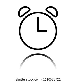 Alarm clock. Linear, thin outline. Black icon with mirror reflection on white background