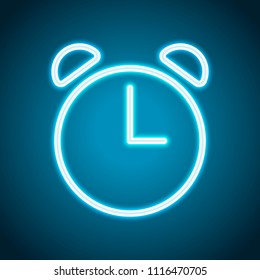 Alarm clock. Linear, thin outline. Neon style. Light decoration icon. Bright electric symbol