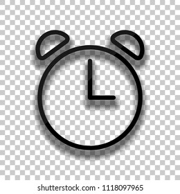 Alarm clock. Linear, thin outline. Black glass icon with soft shadow on transparent background
