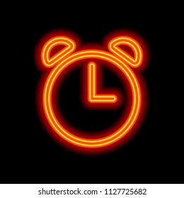 Alarm clock. Linear, thin outline. Orange neon style on black background. Light icon