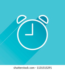 Alarm clock. Linear, thin outline. Gray icon with long shadow in bottom left corner on blue background