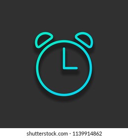 Alarm clock. Linear, thin outline. Colorful logo concept with soft shadow on dark background. Icon color of azure ocean