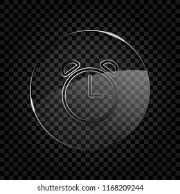 Alarm clock. Linear, thin outline. Icon in circle glass bubble on dark transparent grid. Glass style