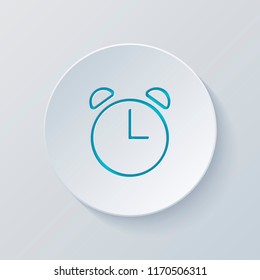 Alarm clock. Linear, thin outline. Cut circle with gray and blue layers. Paper style