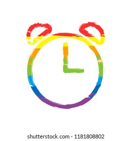 Alarm clock. Linear, thin outline. Drawing sign with LGBT style, seven colors of rainbow (red, orange, yellow, green, blue, indigo, violet