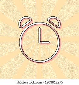 Alarm clock. Linear, thin outline. Vintage retro typography with offset printing effect. Dots poster with comics pop art background